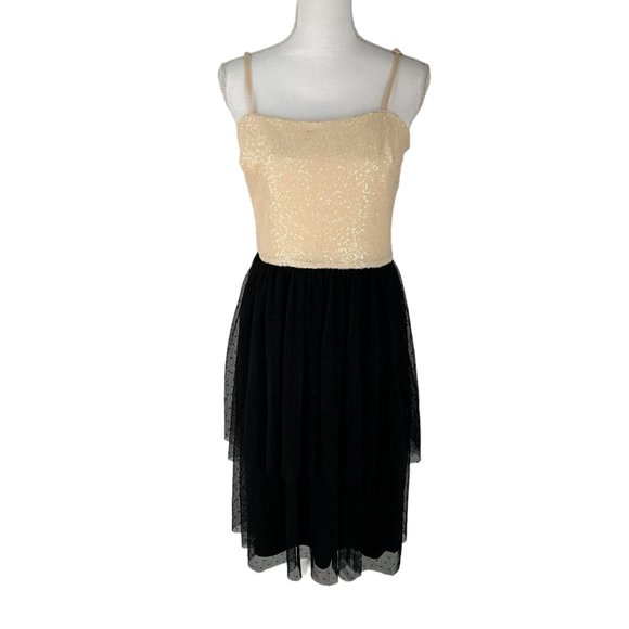 NWT Dress The Population Kady Sequin Block Print Tiered Dress in Cream Black Med - Picture 1 of 11